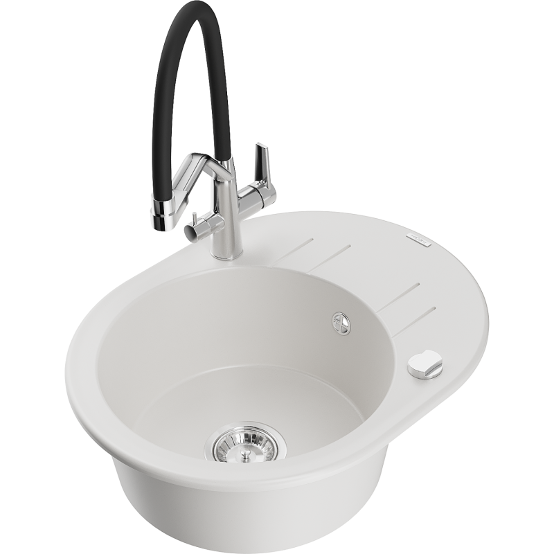Mexen Kevin single-bowl granite sink with Duo kitchen tap, white - 6517-20-671701-07