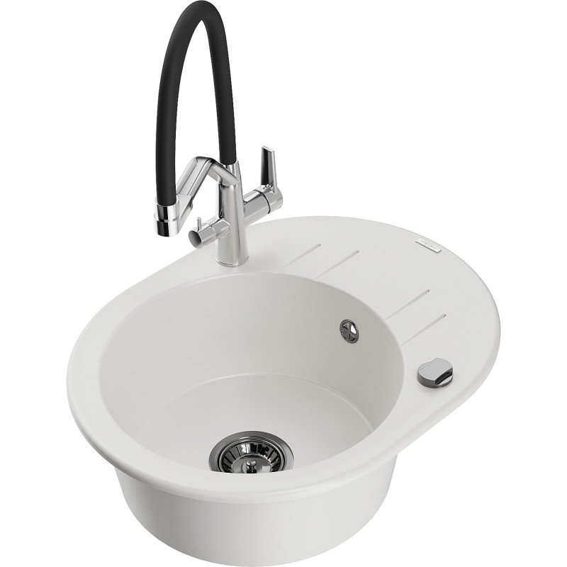Mexen Kevin 1-bowl granite sink with Duo kitchen faucet, white - 6517-20-671701-07-B