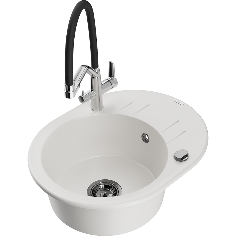 Mexen Kevin 1-bowl granite sink with Duo kitchen tap, white - 6517-20-671701-07-B