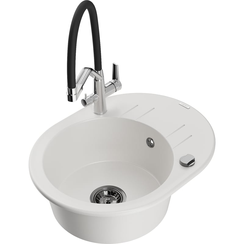 Mexen Kevin granite kitchen sink single-bowl with Duo kitchen faucet, white - 6517-20-671701-07-B