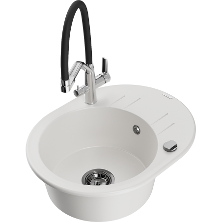 Mexen Kevin 1-bowl granite sink with Duo kitchen faucet, white - 6517-20-671701-07-B