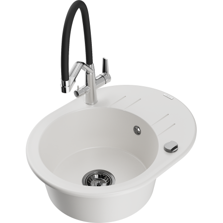 Mexen Kevin 1-bowl granite sink with Duo kitchen tap, white - 6517-20-671701-07-B