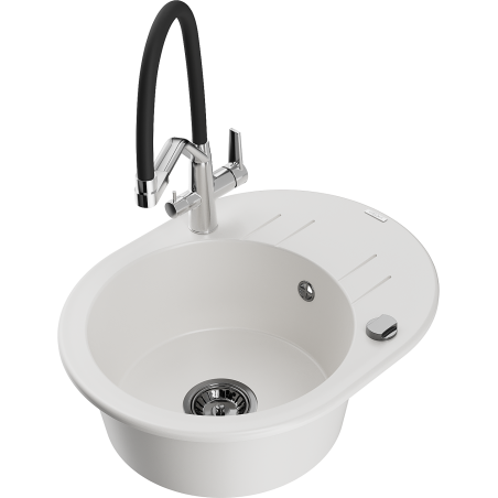 Mexen Kevin granite kitchen sink single-bowl with Duo kitchen faucet, white - 6517-20-671701-07-B