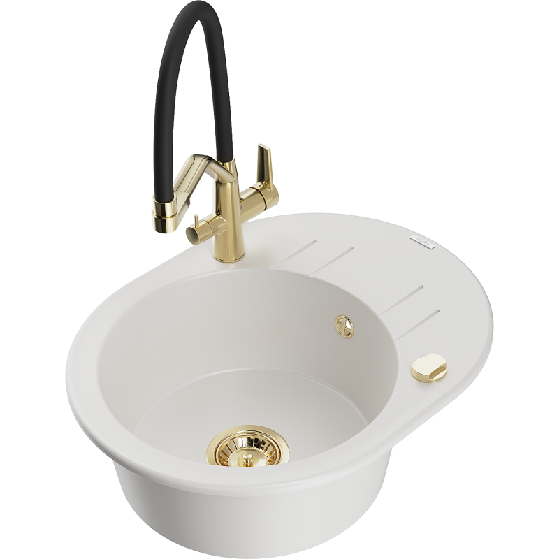Mexen Kevin 1-bowl granite sink with Duo kitchen tap, white - 6517-20-671701-57-G