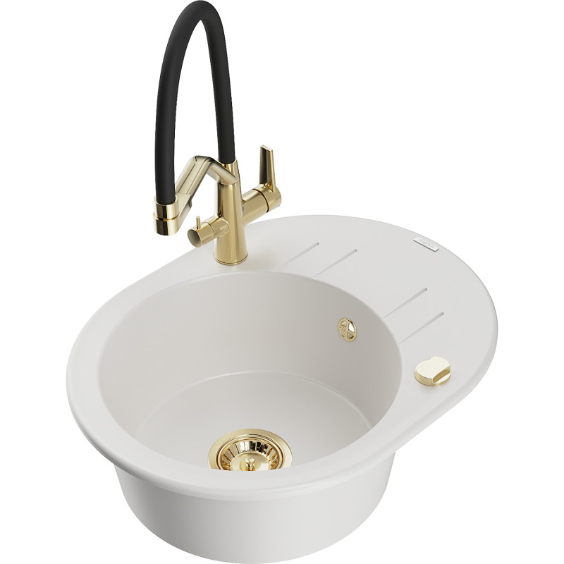Mexen Kevin granite kitchen sink 1-bowl with Duo kitchen faucet, white - 6517-20-671701-57-G