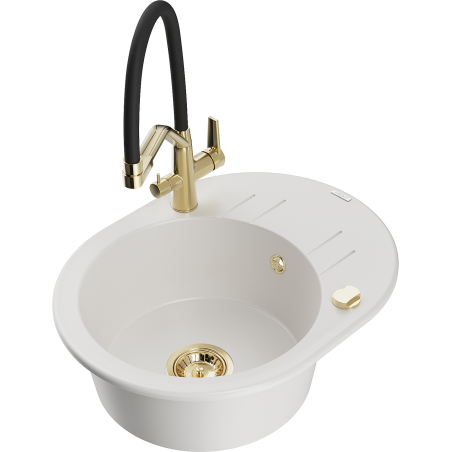 Mexen Kevin 1-bowl granite sink with Duo kitchen faucet, white - 6517-20-671701-57-G