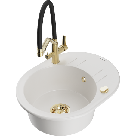 Mexen Kevin granite kitchen sink 1-bowl with Duo kitchen faucet, white - 6517-20-671701-57-G