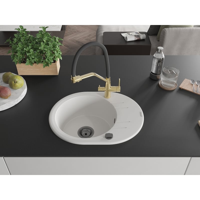 Mexen Kevin 1-bowl granite sink with Duo kitchen faucet, white - 6517-20-671701-57-B