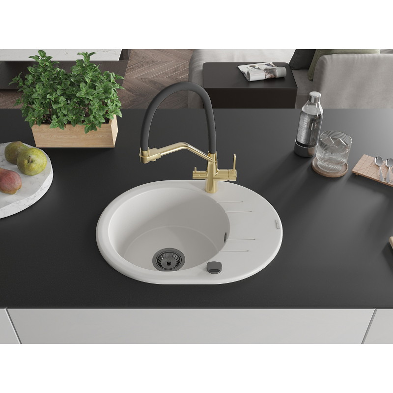 Mexen Kevin Single-bowl granite sink with Duo kitchen faucet, white - 6517-20-671701-57-B
