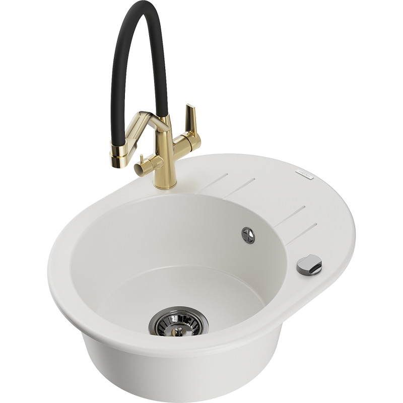 Mexen Kevin 1-bowl granite sink with Duo kitchen faucet, white - 6517-20-671701-57-B