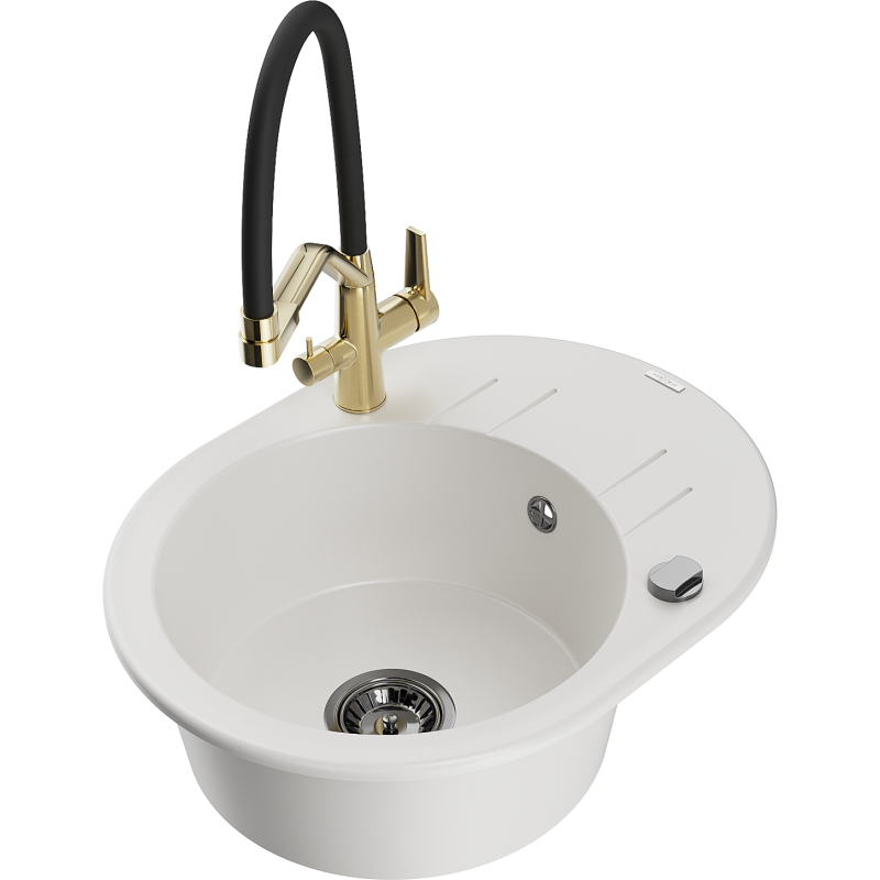 Mexen Kevin granite kitchen sink 1-bowl with Duo kitchen tap, white - 6517-20-671701-57-B