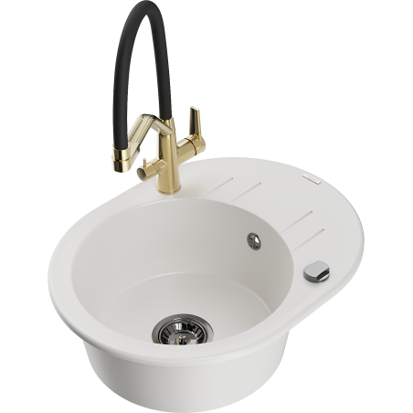 Mexen Kevin 1-bowl granite sink with Duo kitchen faucet, white - 6517-20-671701-57-B