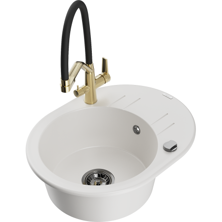 Mexen Kevin granite kitchen sink 1-bowl with Duo kitchen tap, white - 6517-20-671701-57-B
