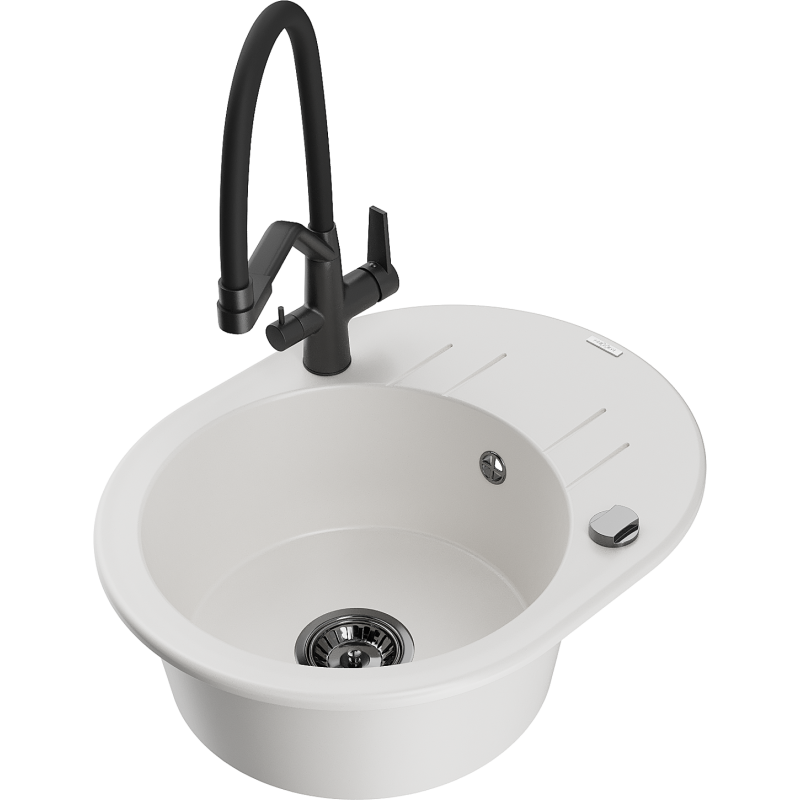 Mexen Kevin 1-bowl granite sink with Duo kitchen tap, white - 6517-20-671701-70-B