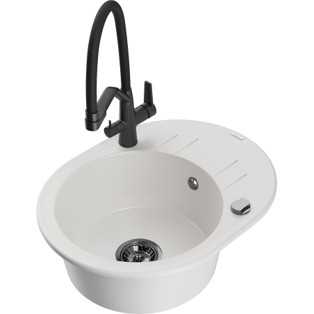 Mexen Kevin 1-bowl granite sink with Duo kitchen tap, white - 6517-20-671701-70-B