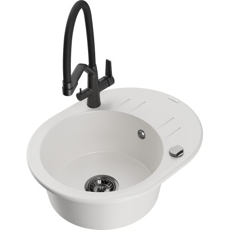 Mexen Kevin granite kitchen sink 1-bowl with kitchen faucet Duo, white - 6517-20-671701-70-B