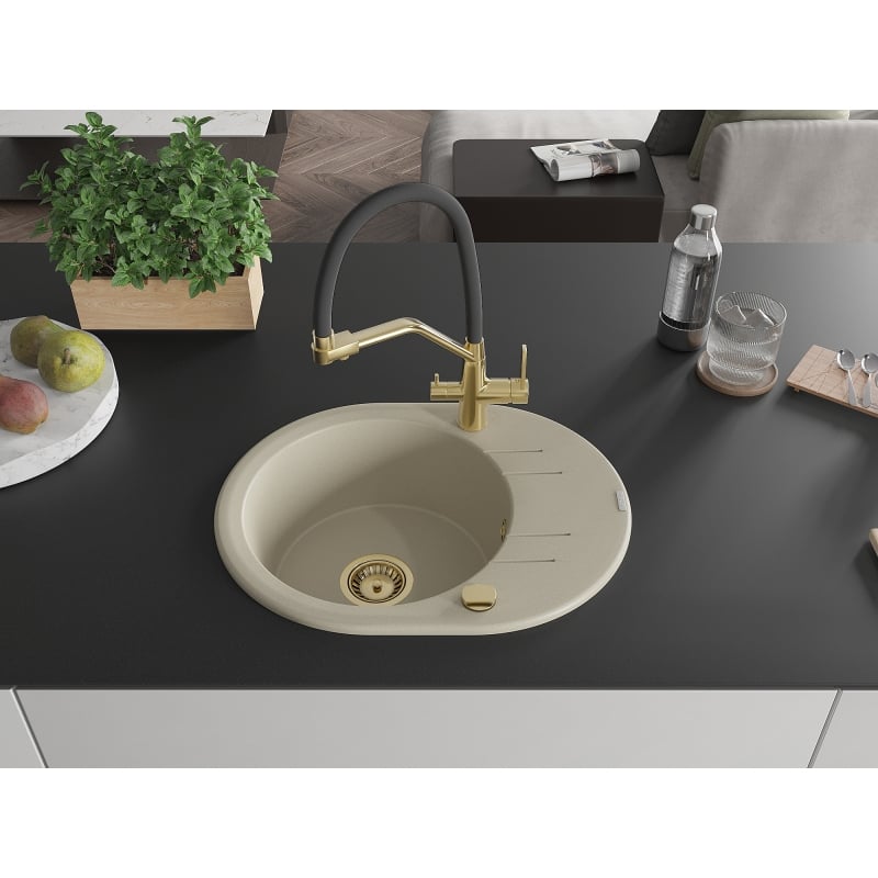 Mexen Kevin 1-bowl granite kitchen sink with Duo faucet, beige - 6517-69-671701-57-G