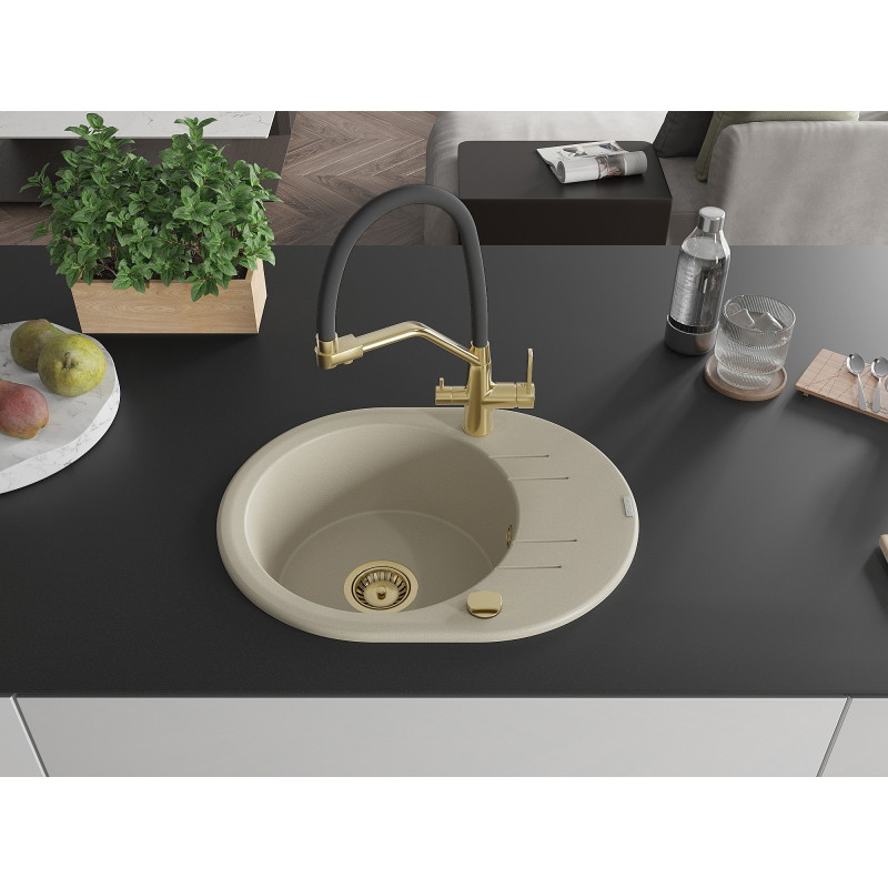 Mexen Kevin 1-bowl granite sink with Duo kitchen faucet, beige - 6517-69-671701-57-G