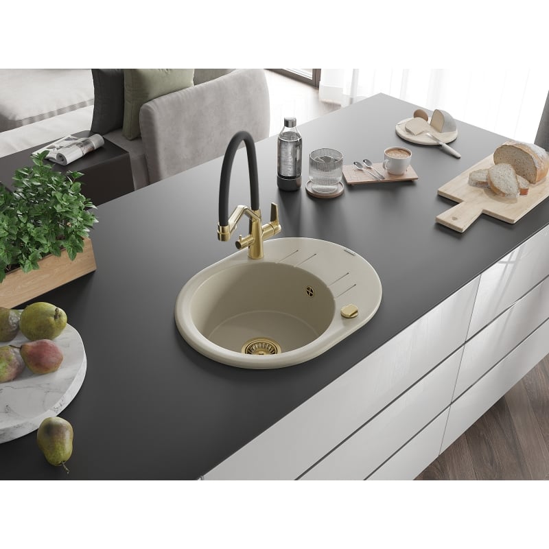 Mexen Kevin 1-bowl granite kitchen sink with Duo faucet, beige - 6517-69-671701-57-G