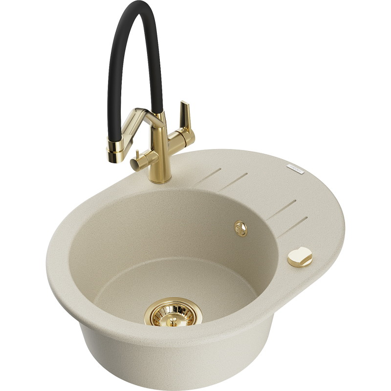 Mexen Kevin 1-bowl granite kitchen sink with Duo faucet, beige - 6517-69-671701-57-G