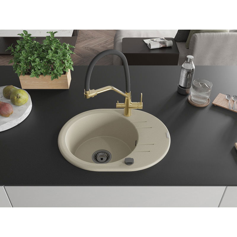 Mexen Kevin granite sink 1-bowl with Duo kitchen tap, beige - 6517-69-671701-57-B