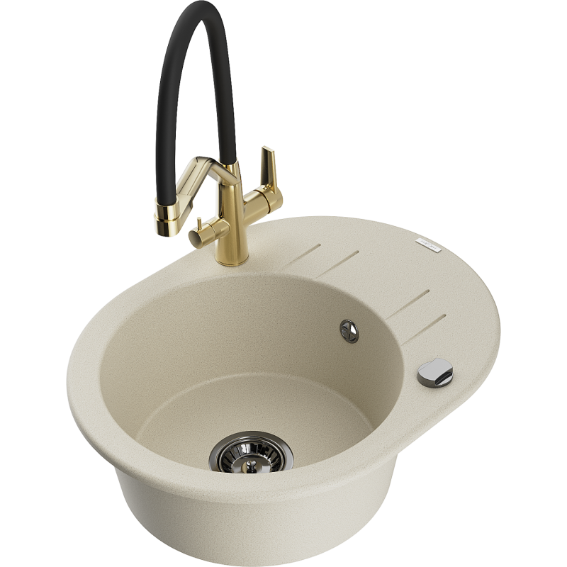 Mexen Kevin granite sink 1-bowl with Duo kitchen tap, beige - 6517-69-671701-57-B