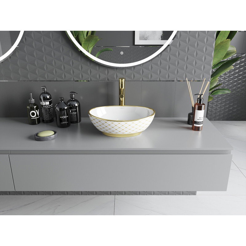Mexen Elza countertop washbasin 40 x 33 cm, white/gold grid pattern - 21014009