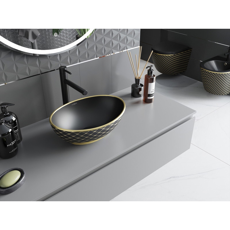 Mexen Elza countertop washbasin 40 x 33 cm, black matte/gold check pattern - 21014029