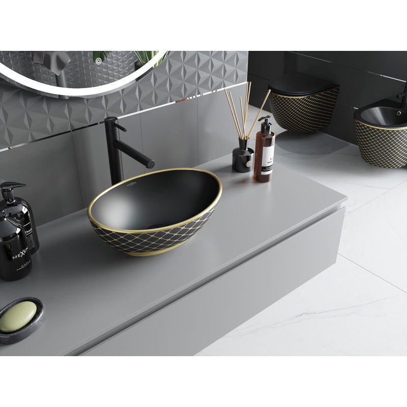 Mexen Elza countertop washbasin 40 x 33 cm, black matte/golden grid pattern - 21014029