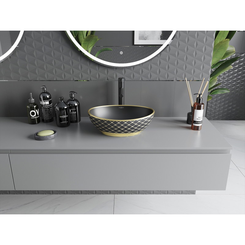 Mexen Elza countertop sink 40 x 33 cm, black matte/gold check pattern - 21014029