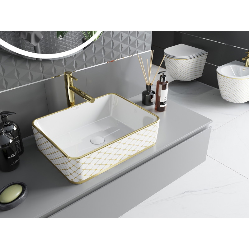 Mexen Catia countertop washbasin 48 x 37 cm, white/gold checkered pattern - 21314809