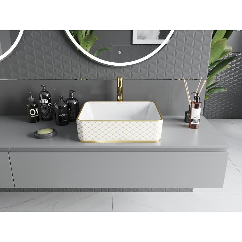Mexen Catia countertop washbasin 48 x 37 cm, white/gold checkered pattern - 21314809