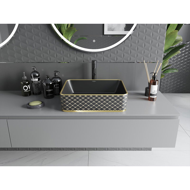 Mexen Catia countertop washbasin 48 x 37 cm, black matte/gold grid pattern - 21314879