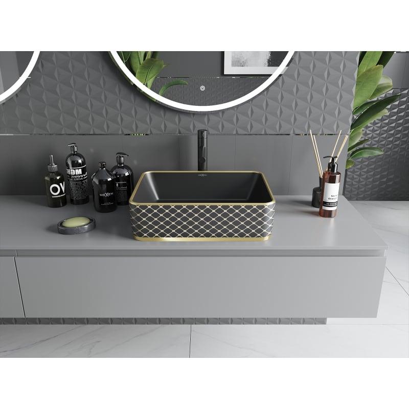 Mexen Catia countertop washbasin 48 x 37 cm, black matte/golden checkered pattern - 21314879