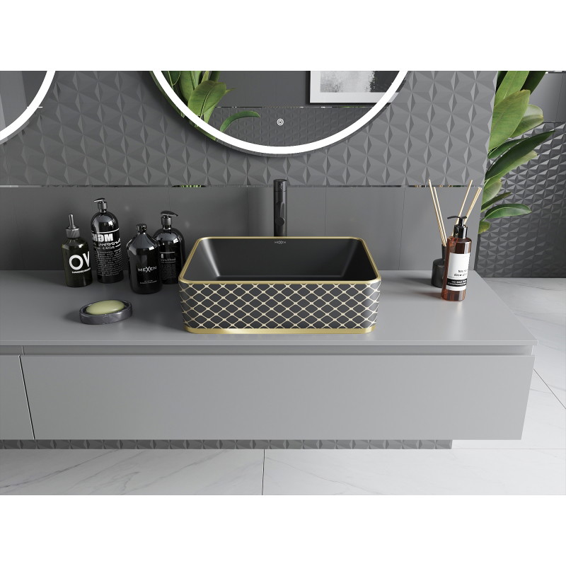 Mexen Catia countertop washbasin 48 x 37 cm, matte black/golden grid pattern - 21314879
