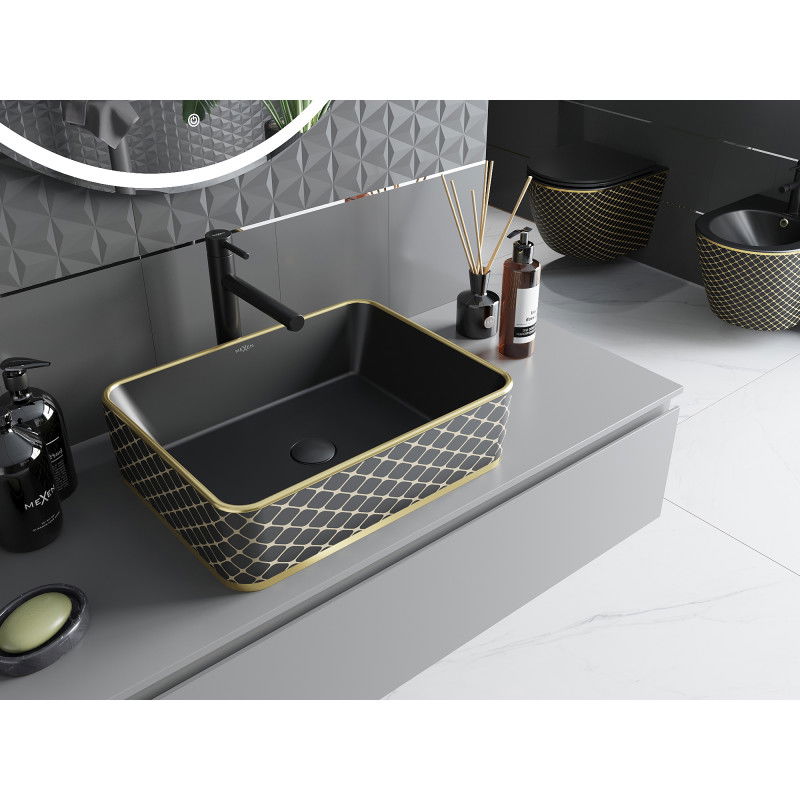 Mexen Catia countertop washbasin 48 x 37 cm, black matte/gold grid pattern - 21314879