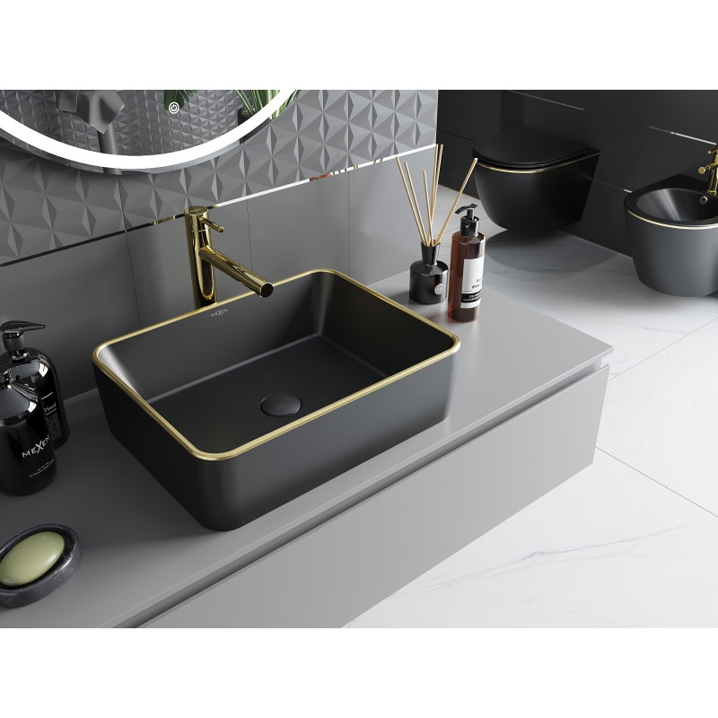 Mexen Catia countertop sink 48 x 37 cm, black matte/gold rim - 21314875