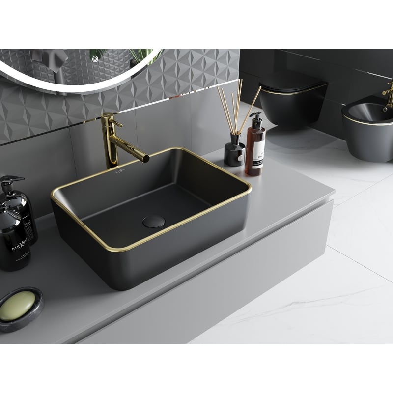 Mexen Catia countertop washbasin 48 x 37 cm, black matte/gold rim - 21314875