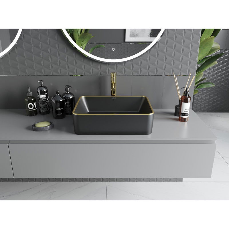 Mexen Catia countertop basin 48 x 37 cm, black matte/gold rim - 21314875