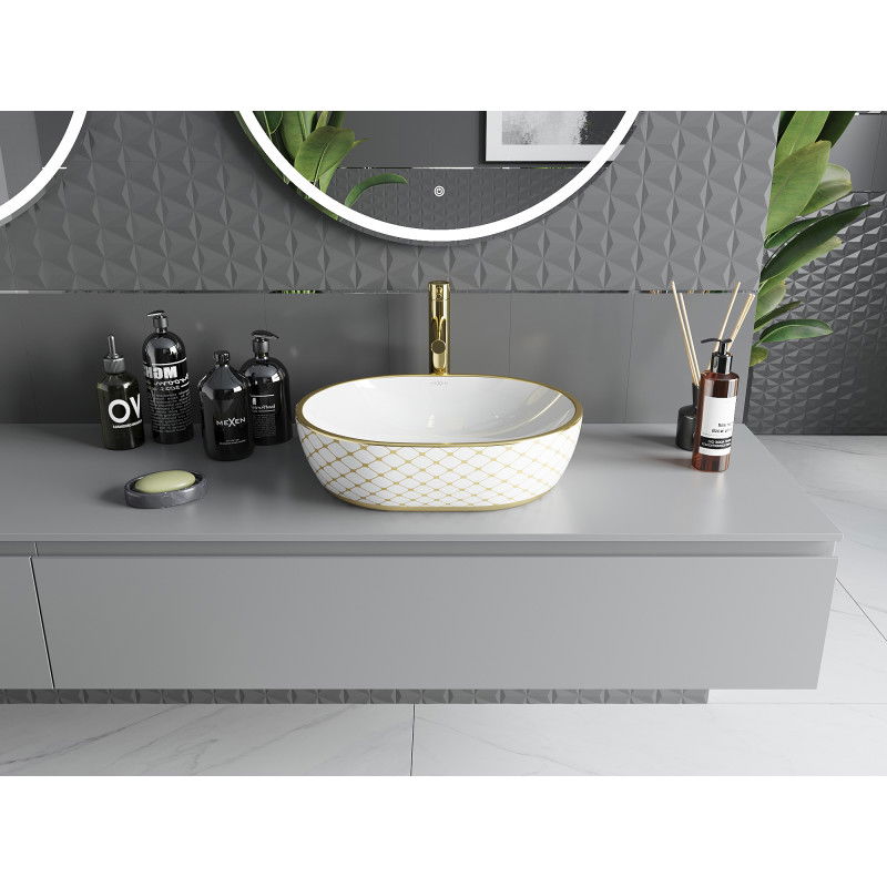 Mexen Viki countertop washbasin 48 x 35 cm, white/gold check pattern - 21054809