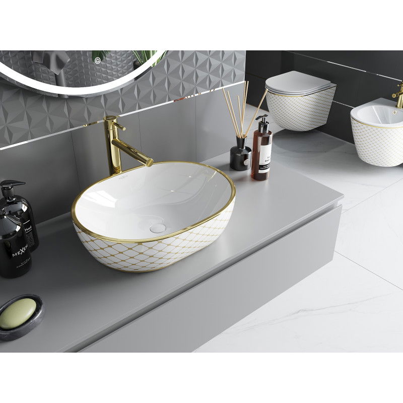 Mexen Viki countertop sink 48 x 35 cm, white/gold check pattern - 21054809