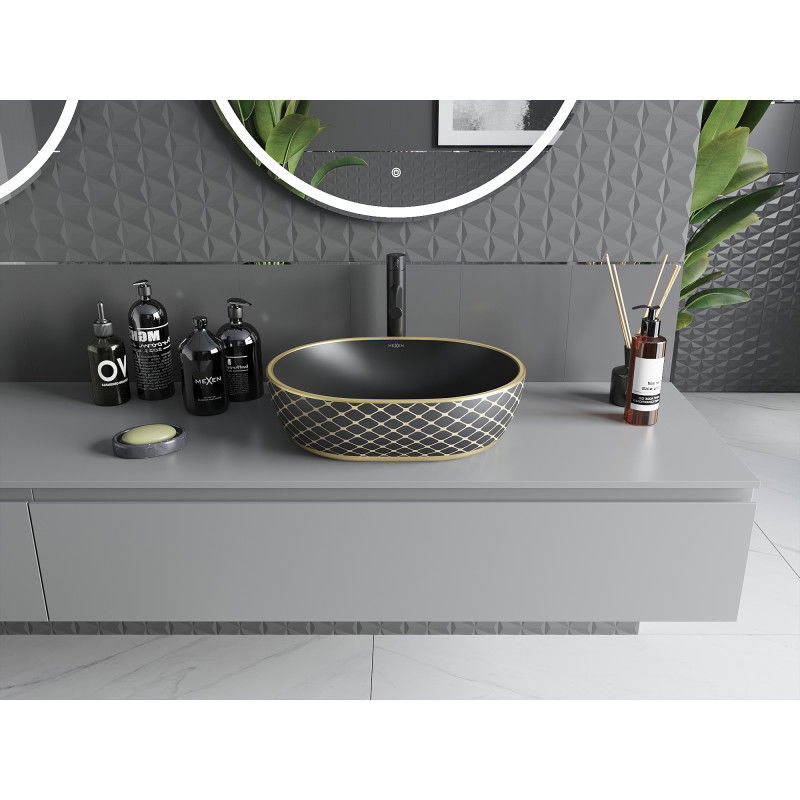 Mexen Viki countertop washbasin 48 x 35 cm, black matte/golden grid pattern - 21054879