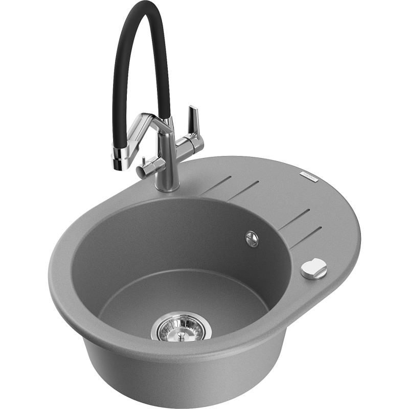 Mexen Kevin Granite Kitchen Sink 1-Bowl with Duo Faucet, Gray - 6517-71-671701-07