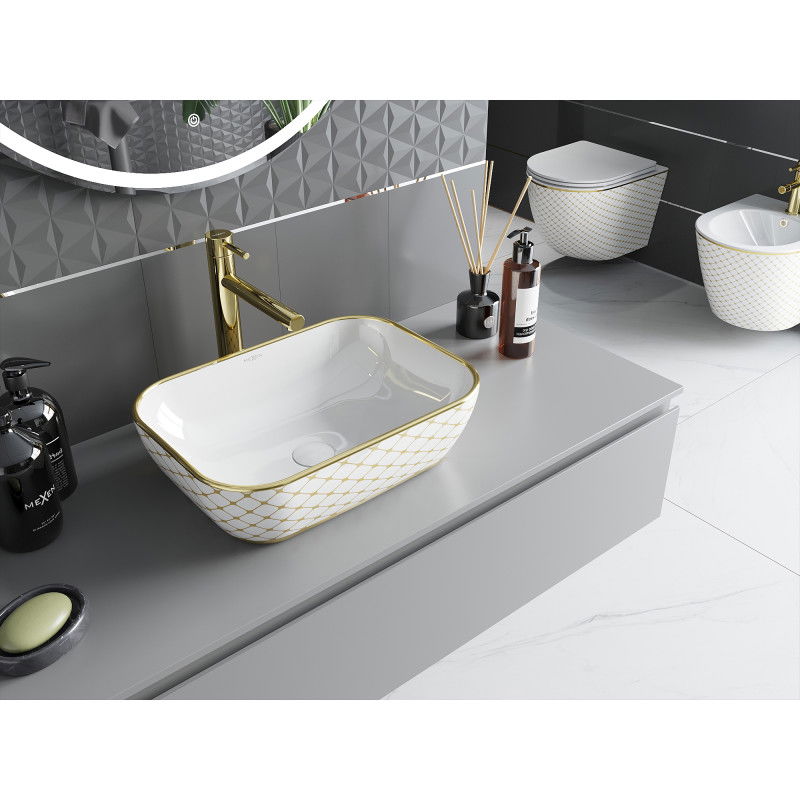 Mexen Rita countertop washbasin 45 x 32 cm, white/gold check pattern - 21084509