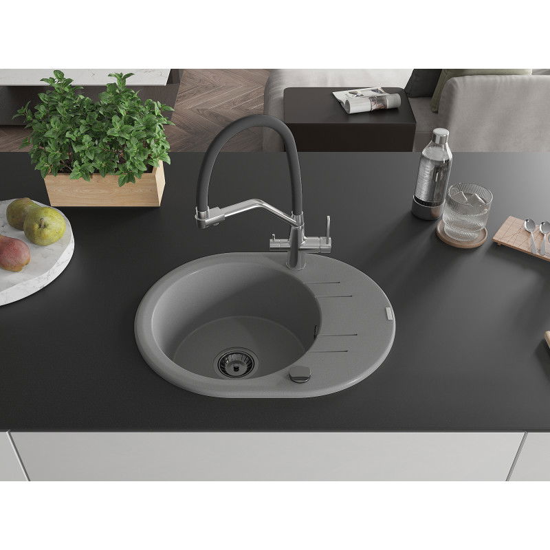 Mexen Kevin 1-Bowl Granite Kitchen Sink with Duo Faucet, Grey - 6517-71-671701-07-B
