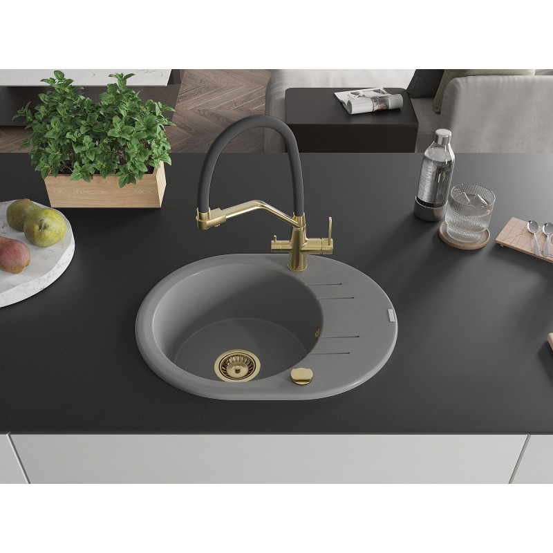 Mexen Kevin granit sink 1-bowl with Duo kitchen faucet, gray - 6517-71-671701-57-G