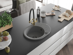 Mexen Kevin 1-bowl granite kitchen sink with Duo kitchen faucet, gray - 6517-71-671701-57-B