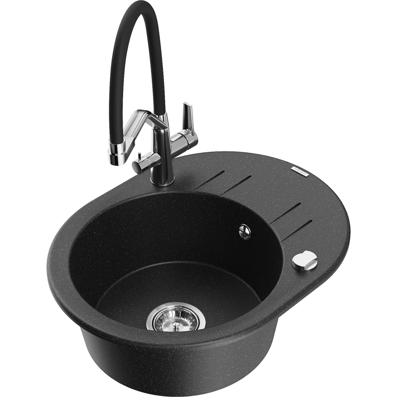 Mexen Kevin 1-bowl granite sink with Duo kitchen tap, black/silver metallic - 6517-73-671701-07