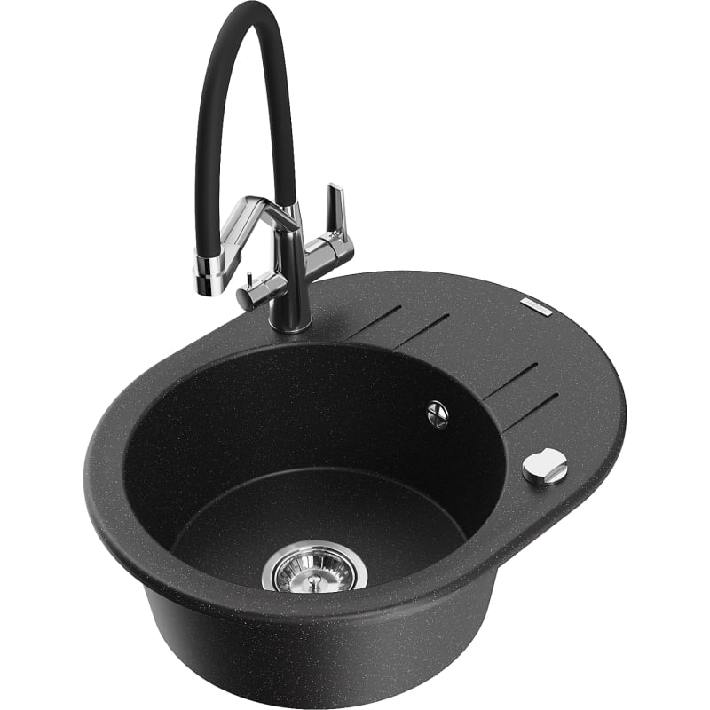 Mexen Kevin granite single-bowl kitchen sink with Duo faucet, black/silver metallic - 6517-73-671701-07