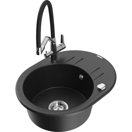 Mexen Kevin 1-bowl granite sink with Duo kitchen faucet, black/silver metallic - 6517-73-671701-07
